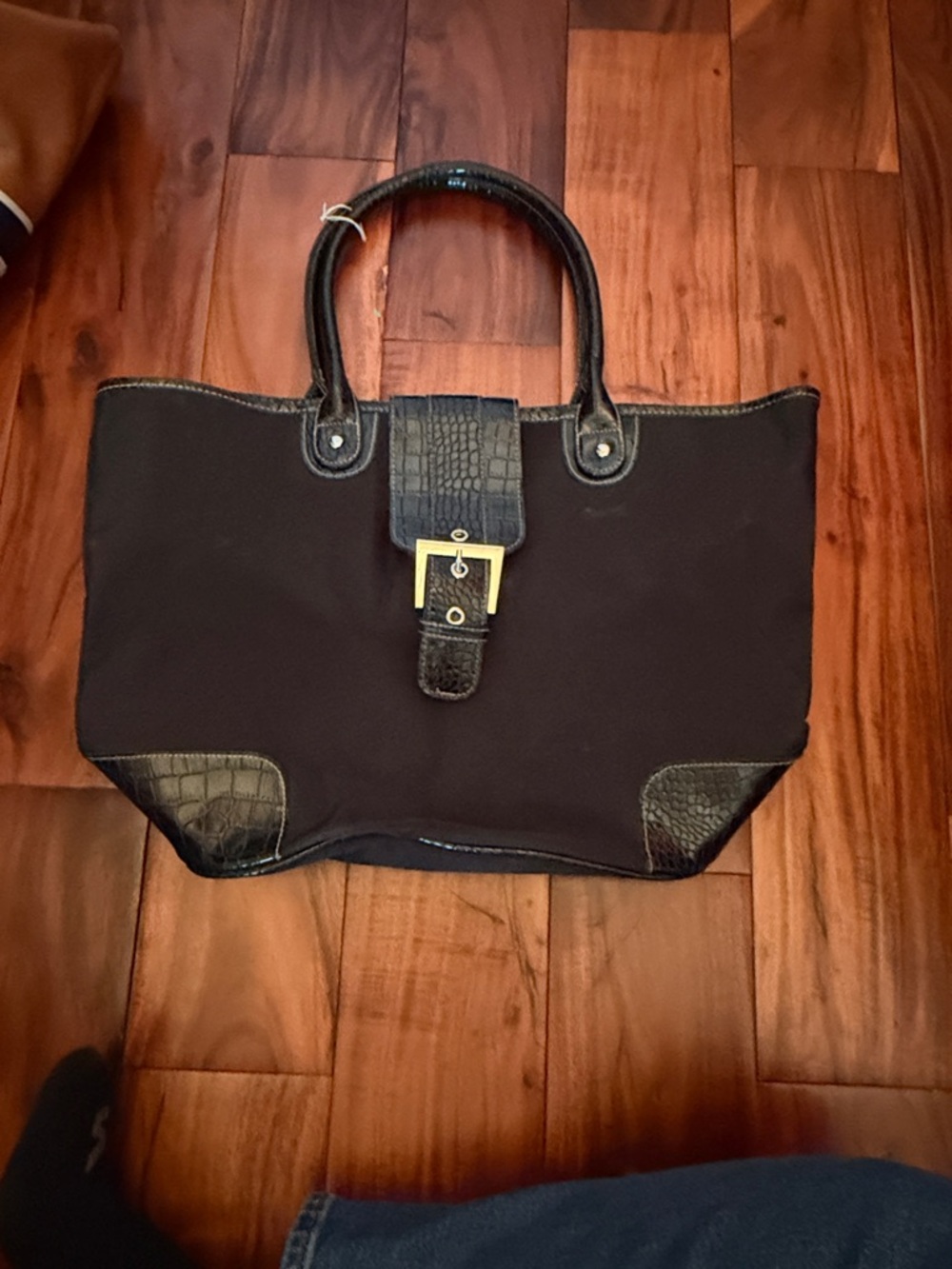 Classic Black Tote with Croc-Texture Trim